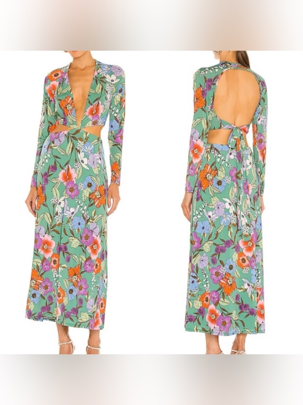 Revolve AFRM Assi Green Vintage Floral Cutout Open Back Maxi‎ Dress S